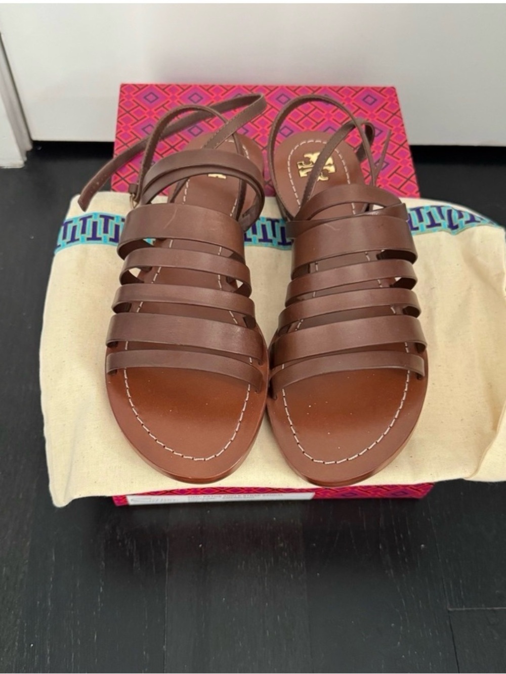 Tory Burch Brown Multi-Strap Slingback Leather Sandals
